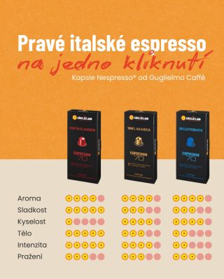 Máte Nespresso® kávovar? Pak si můžete dopřát skutečné italské espresso od Guglielmo – jednoduše, rychle a s plnou chutí....